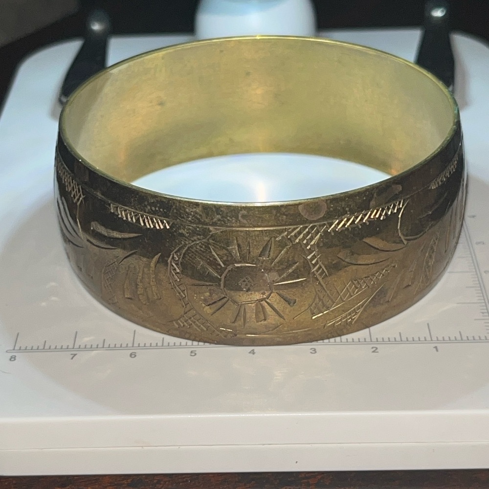 Vintage Hand-Etched Brass Wide Bangle